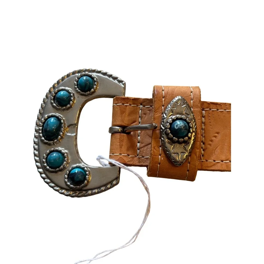Priere Tan Leather Western Belt‎ Turquoise Stone Silver Buckle Embossed Floral